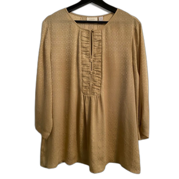Chico's 2 L 12/14 Gold Tuxedo Front Blouse, Elegant, Textured, Art to Wear UB34 - Picture 2 of 8